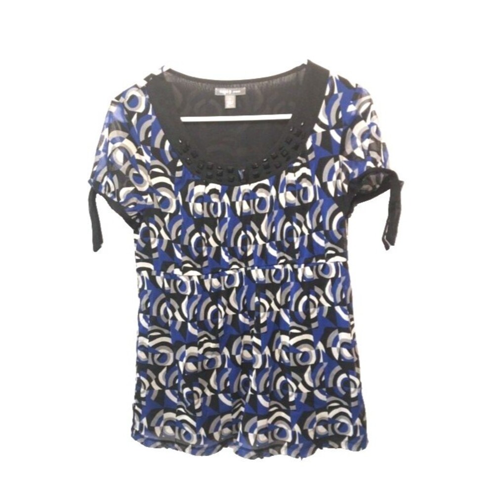 APT. 9 Blouse Women's Med. Beaded Blue Geo Print Short Sleeve Empire Waist Top
